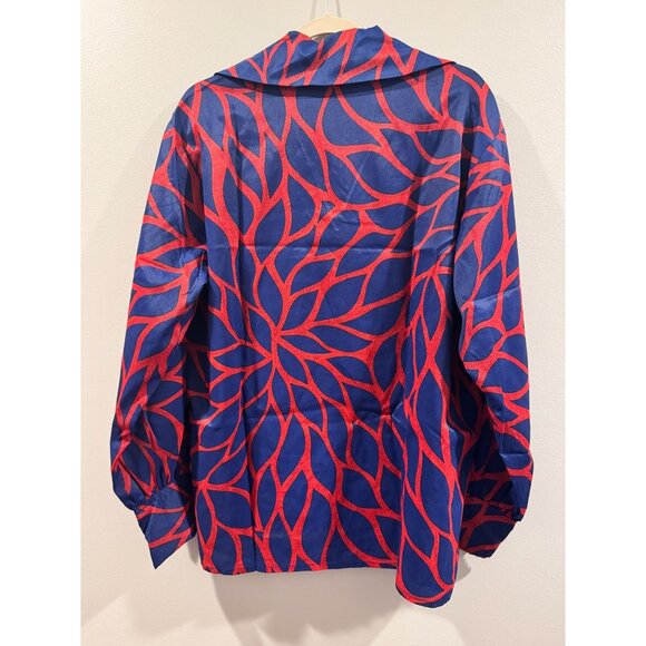 VTG 70s Red & Blue Abstract MCM Print Long Sleeve Blouse Pocket & Lapel Collar - Picture 6 of 10